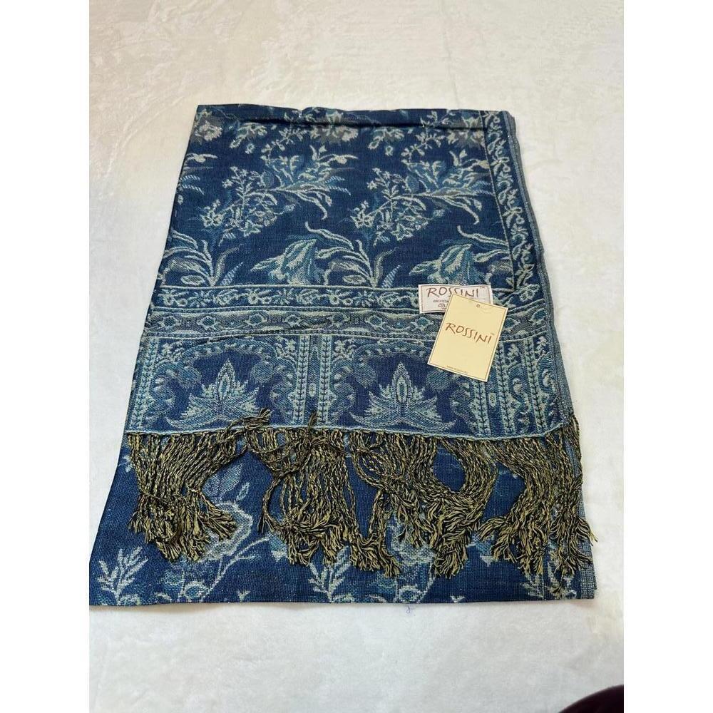 Rossini Scarf Blue & Silver Metallic New Viscose and Wool Russian 27” x 68”